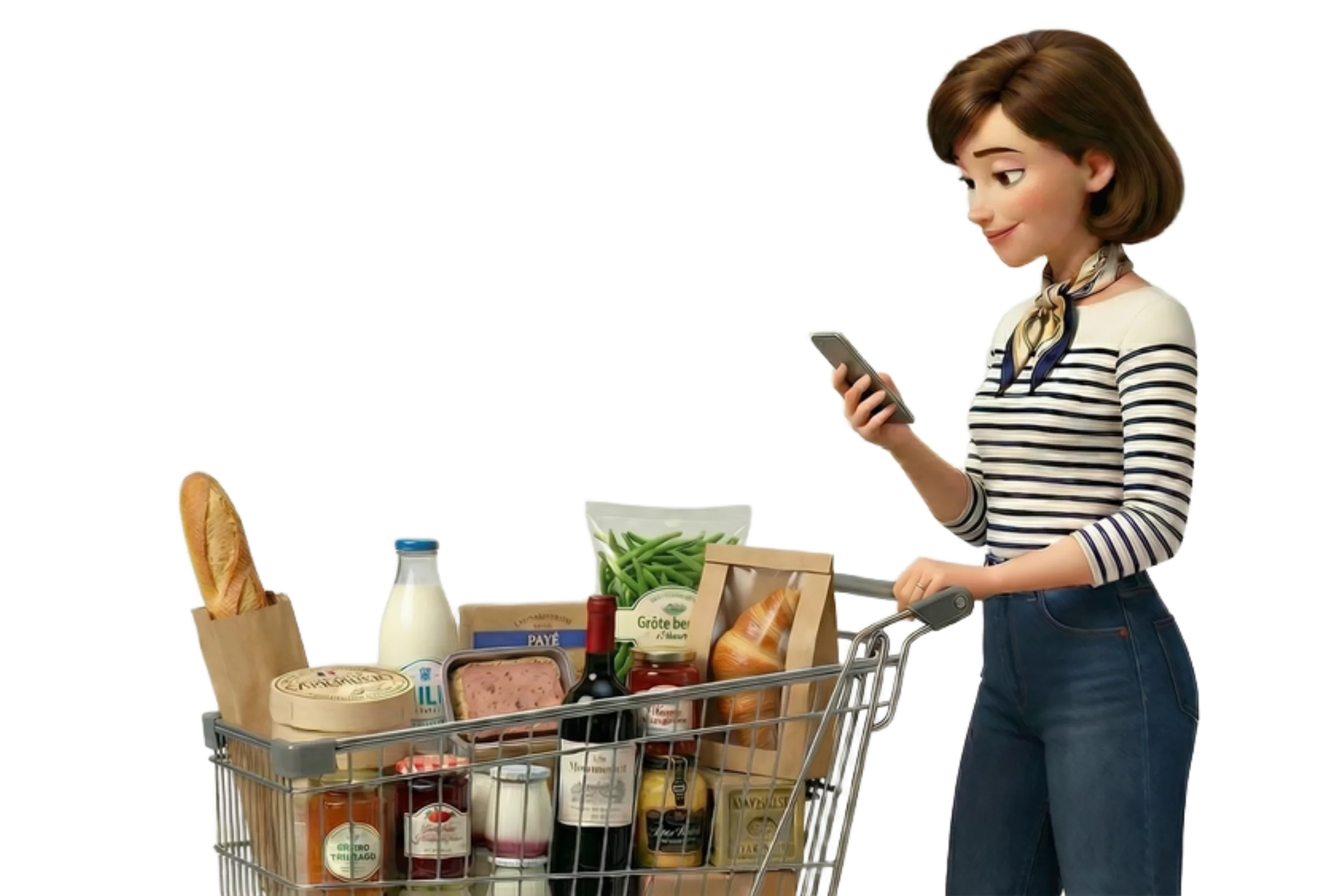 Femme utilisant l'application SpesaZen au supermarché avec son caddie